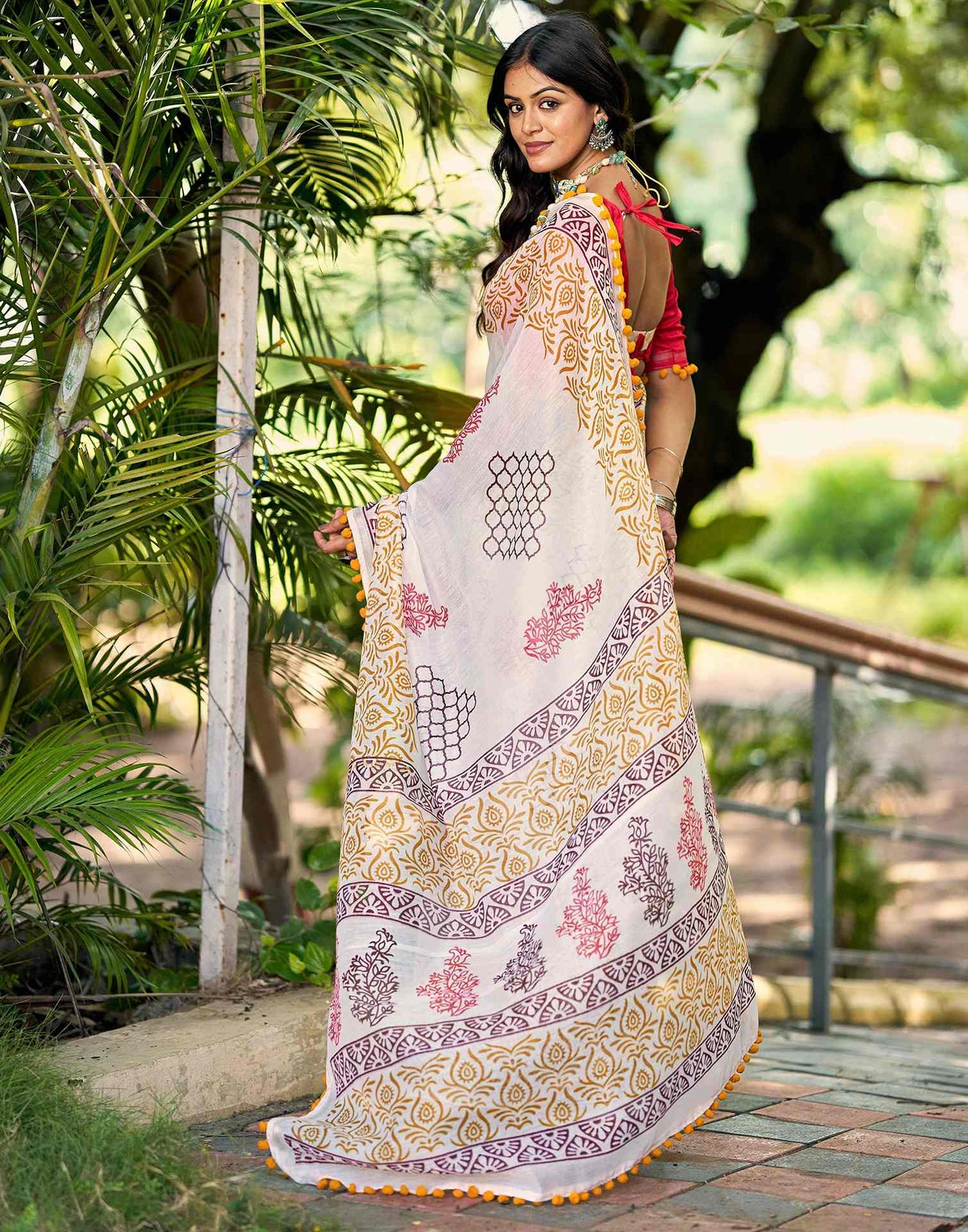 Off White Chanderi Printed Saree