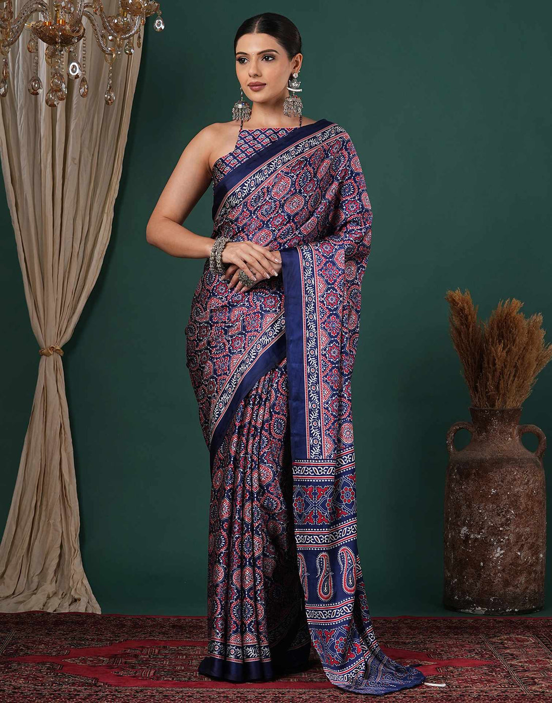 Navy Blue Satin Printed Saree