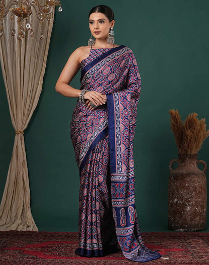 Navy Blue Satin Printed Saree