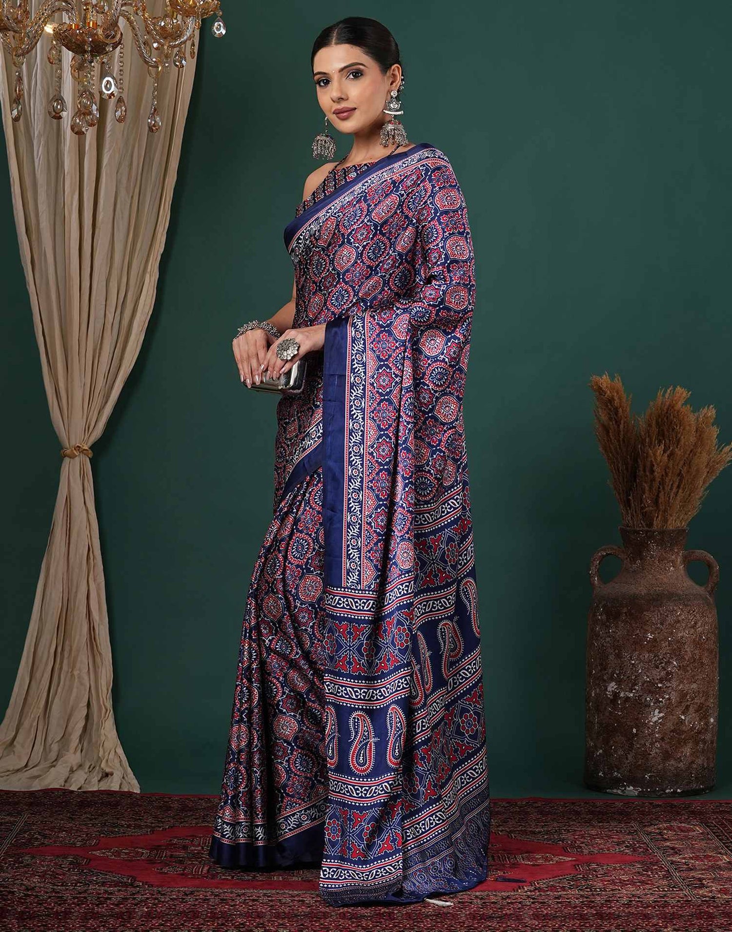 Navy Blue Satin Printed Saree