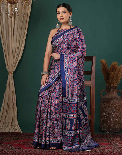 Navy Blue Satin Printed Saree