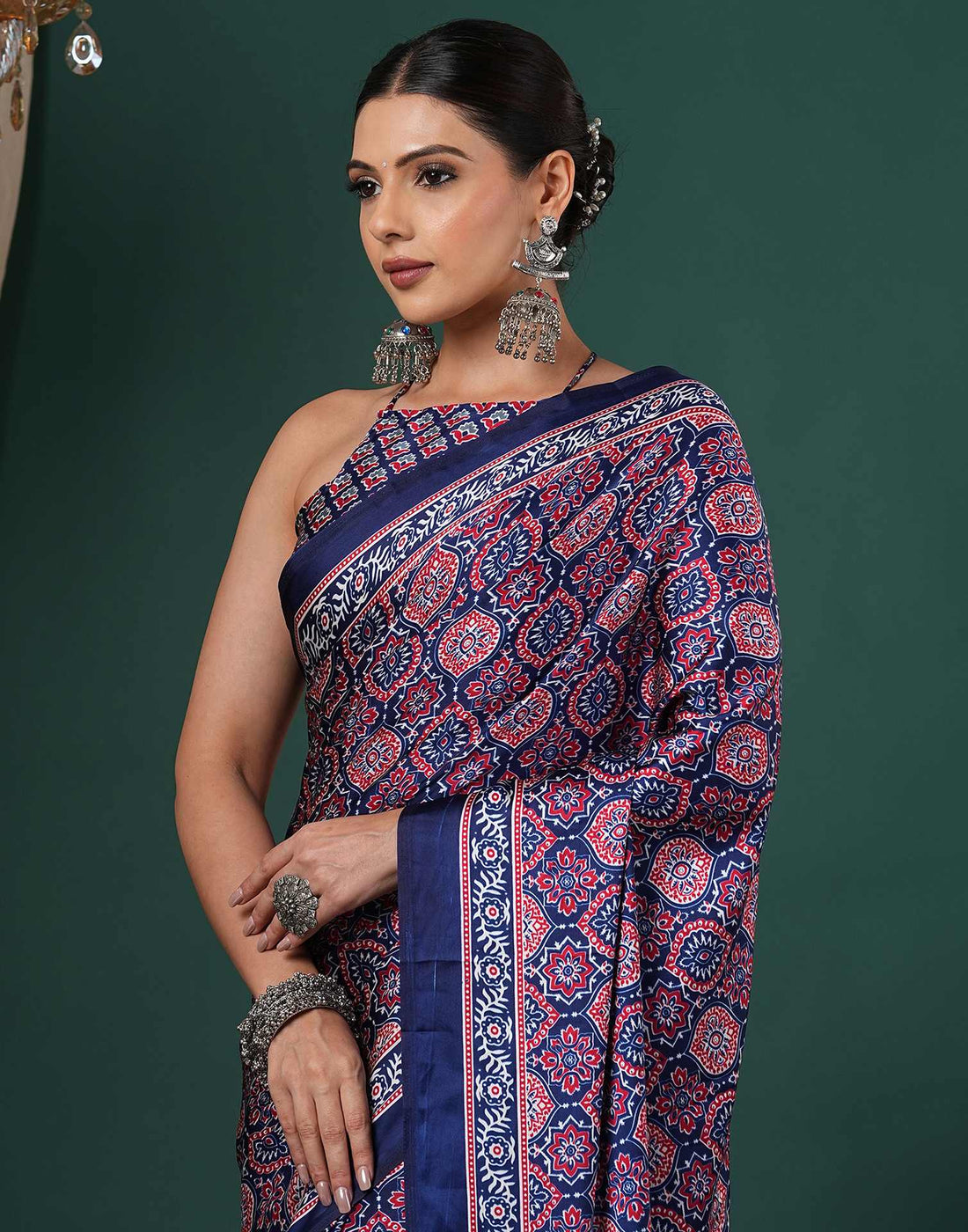 Navy Blue Satin Printed Saree