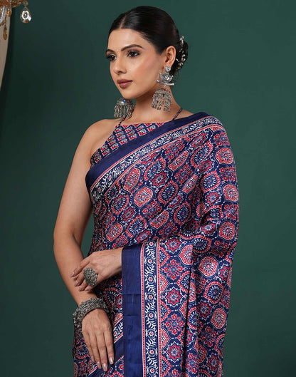 Navy Blue Satin Printed Saree