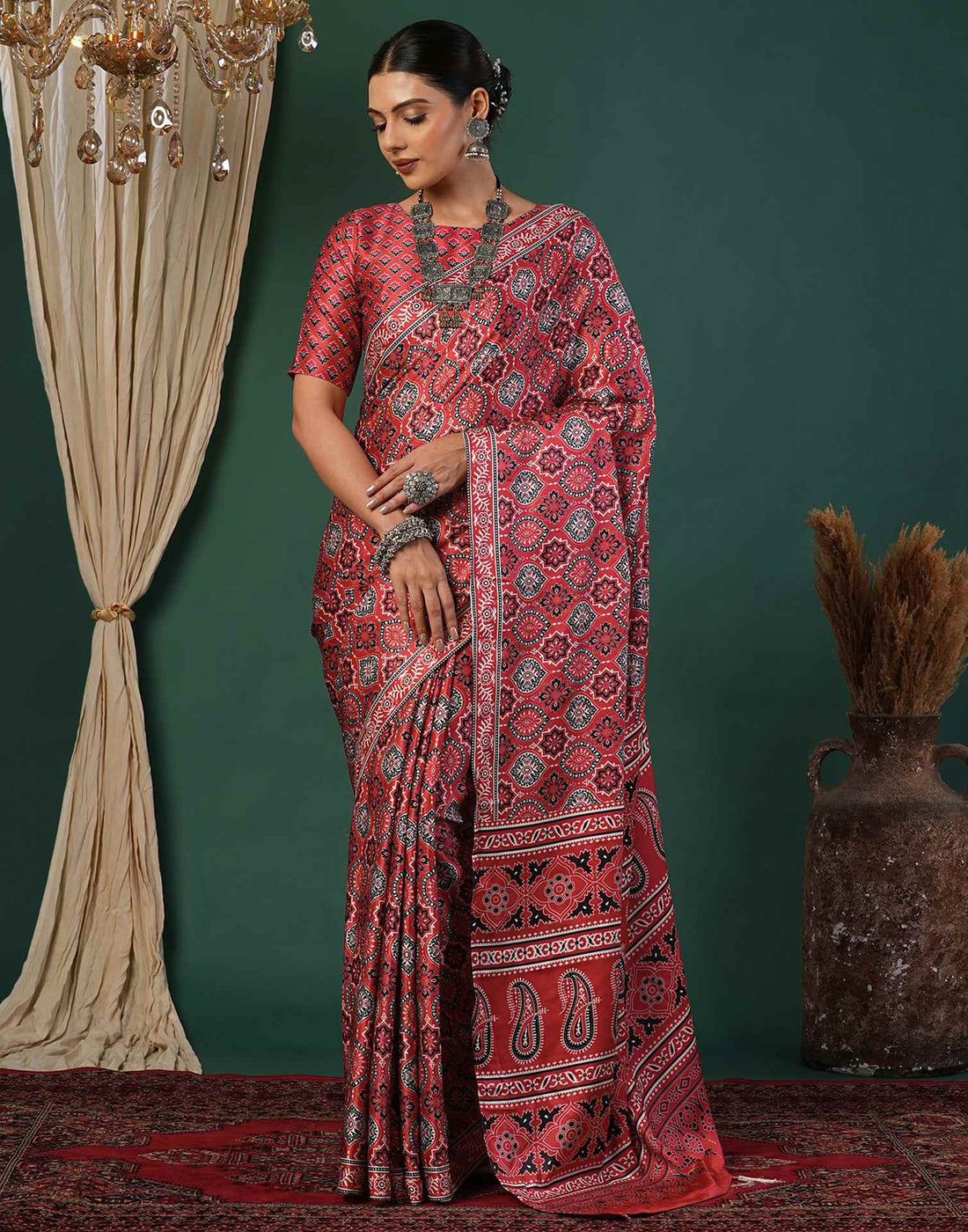 Red Satin Printed Saree
