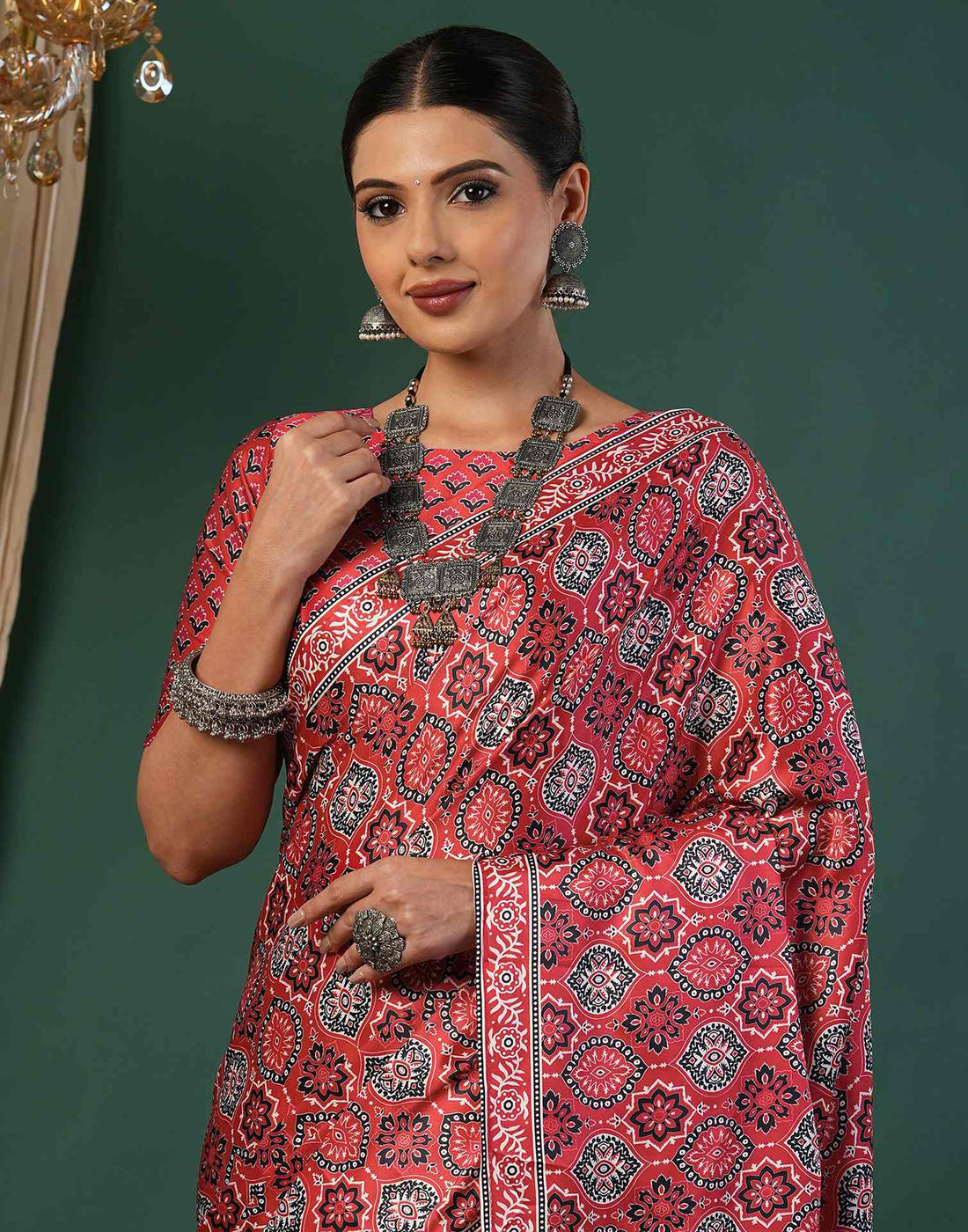 Red Satin Printed Saree