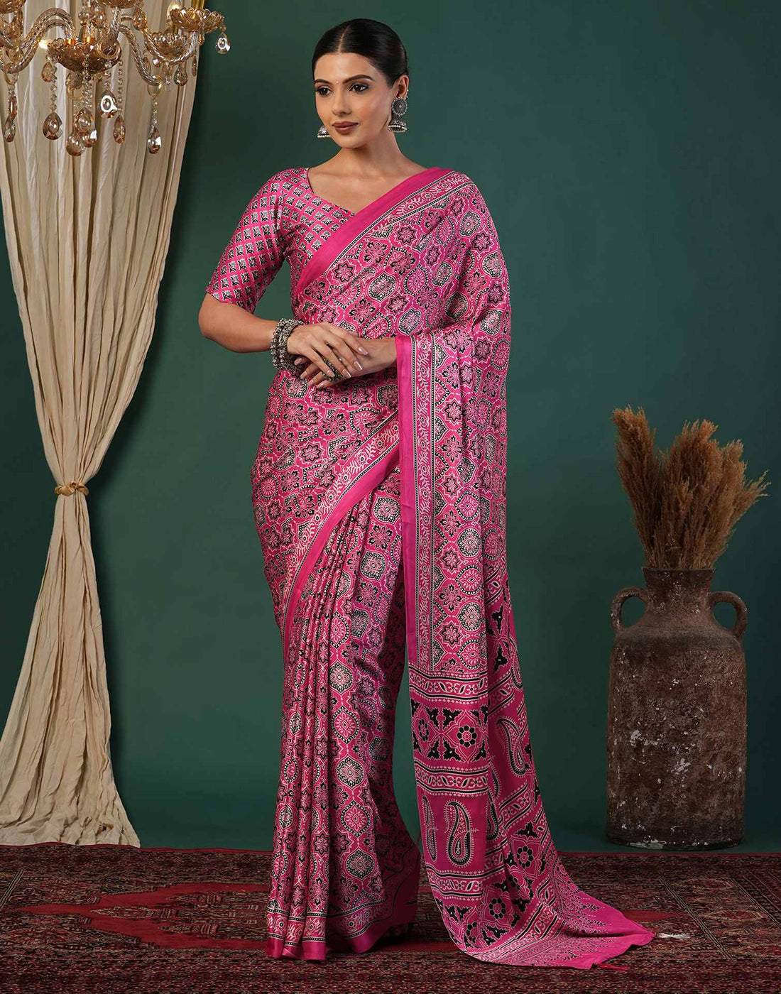 Pink Satin Printed Saree