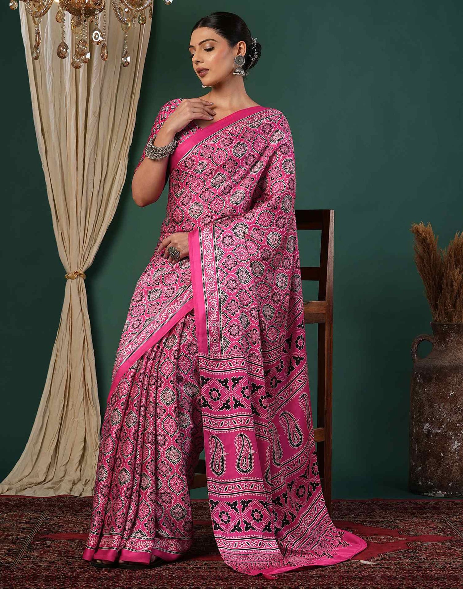 Pink Satin Printed Saree