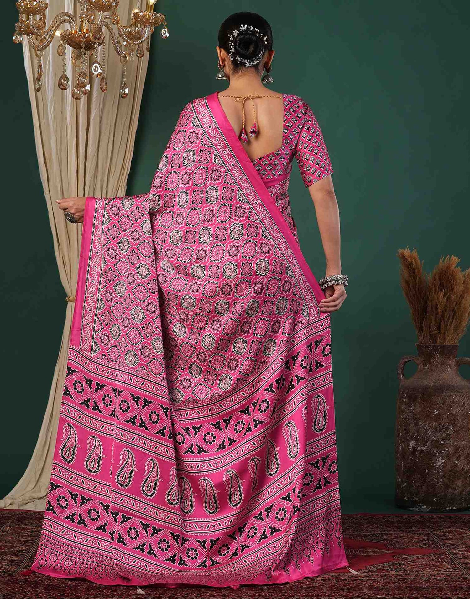 Pink Satin Printed Saree