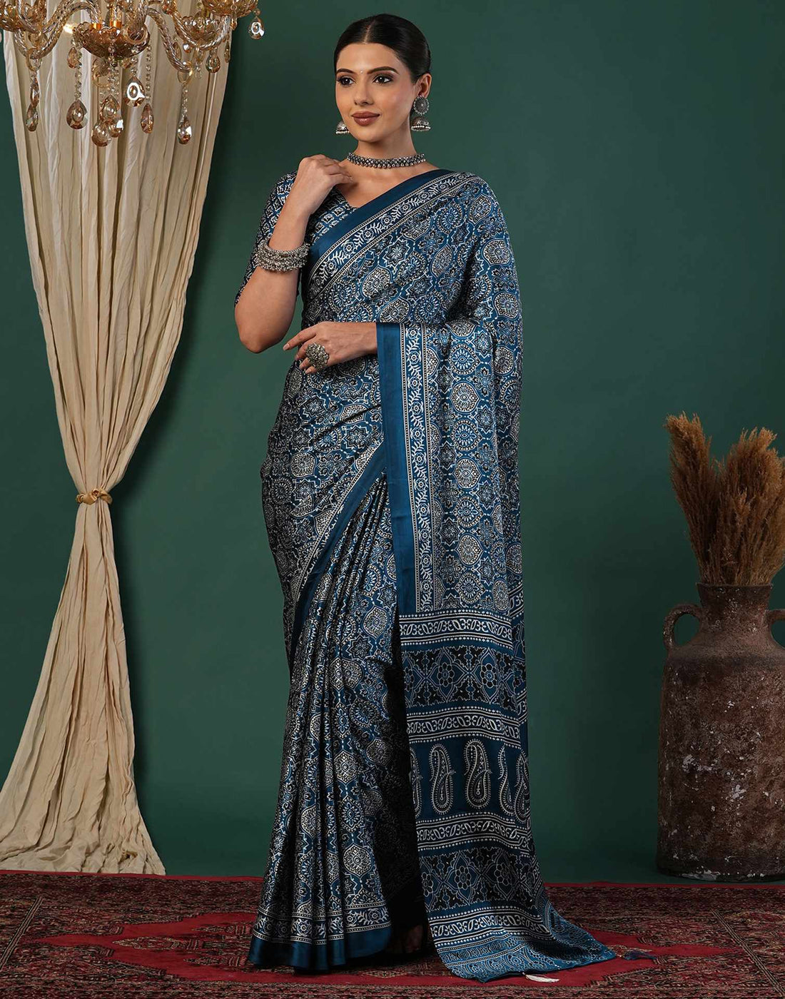 Rama Blue Satin Printed Saree