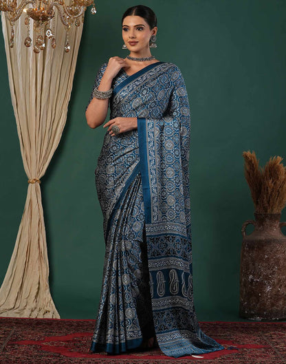 Rama Blue Satin Printed Saree