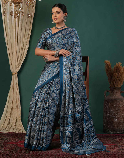 Rama Blue Satin Printed Saree