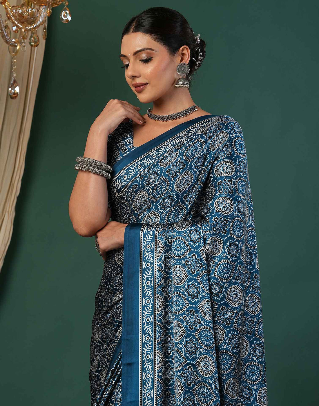 Rama Blue Satin Printed Saree