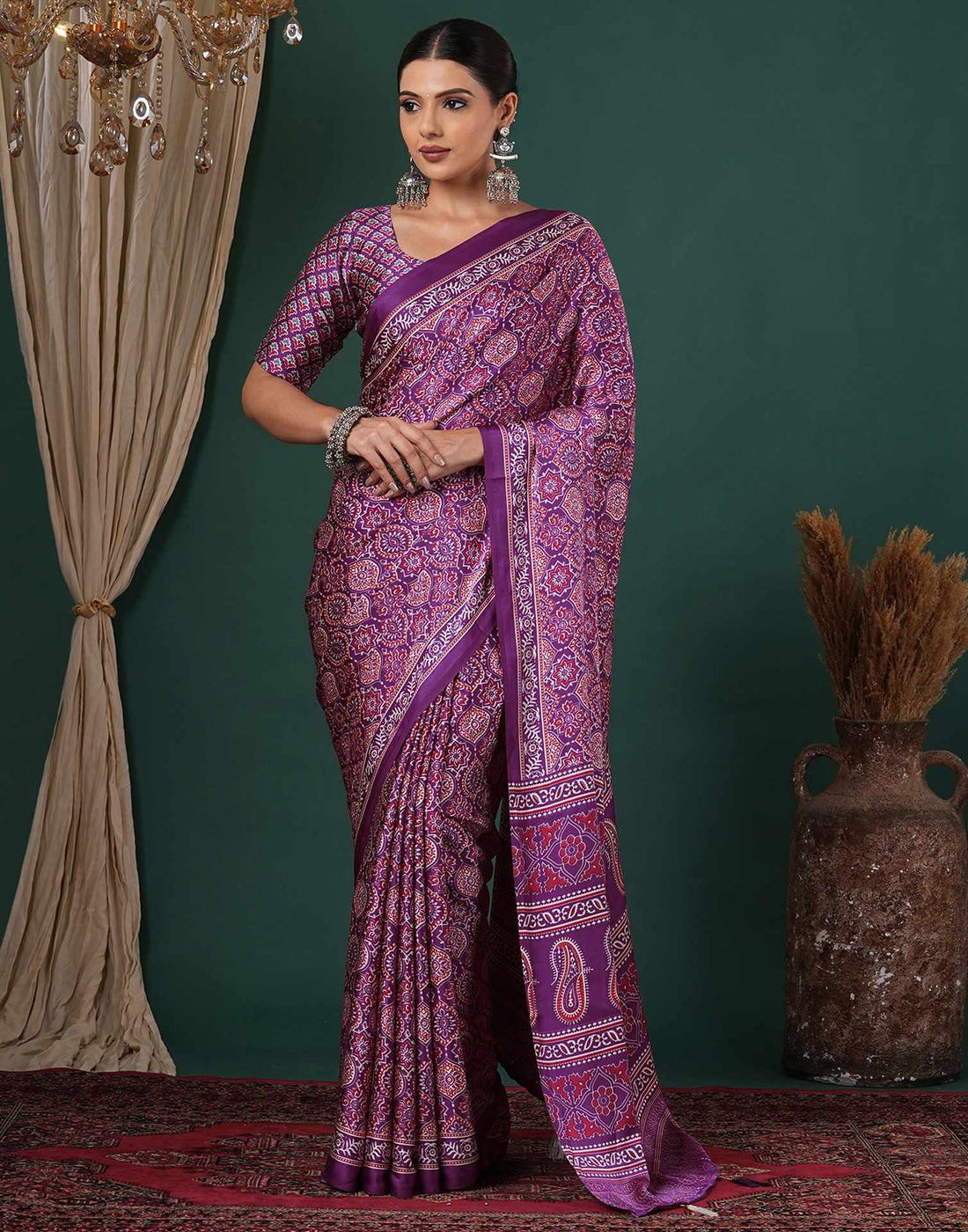 Dark Purple Satin Printed Saree