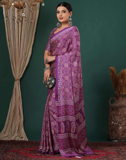 Dark Purple Satin Printed Saree