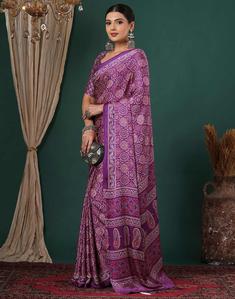 Dark Purple Satin Printed Saree