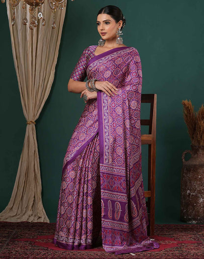 Dark Purple Satin Printed Saree