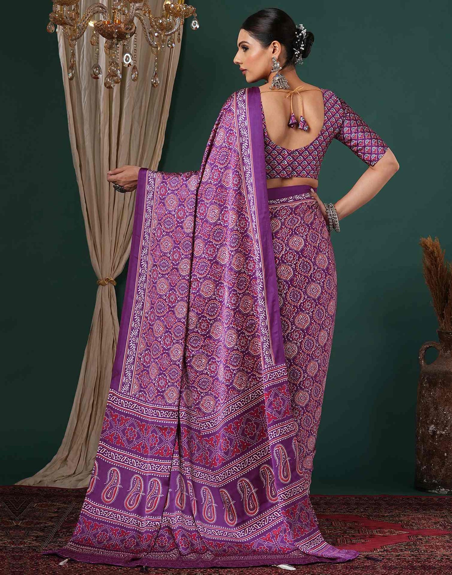 Dark Purple Satin Printed Saree