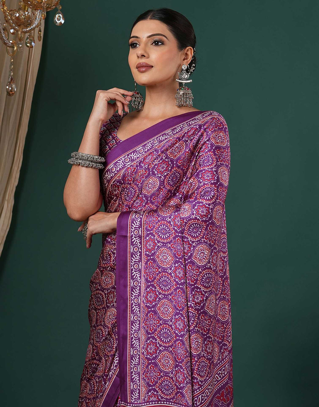 Dark Purple Satin Printed Saree