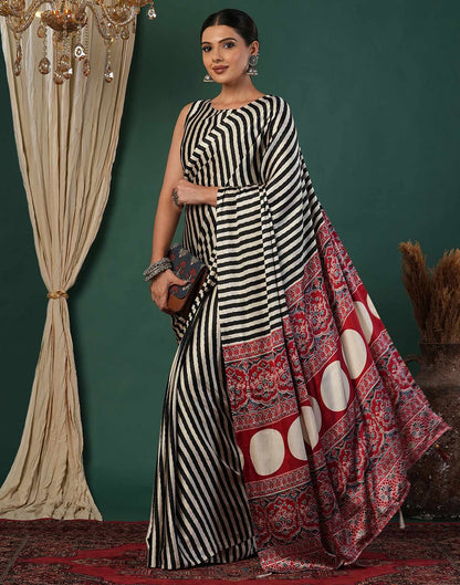 Off White Satin Printed Saree