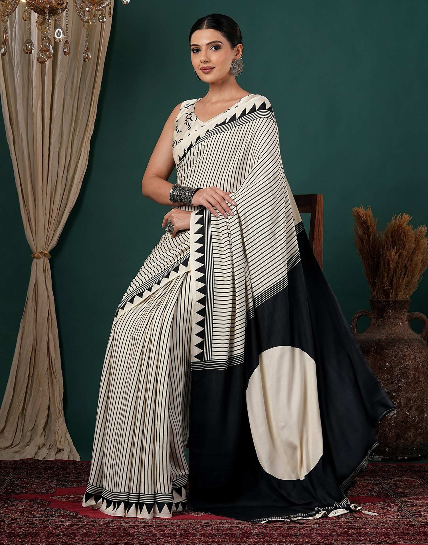 Off White Satin Printed Saree