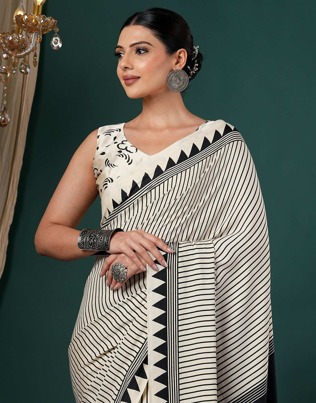 Off White Satin Printed Saree