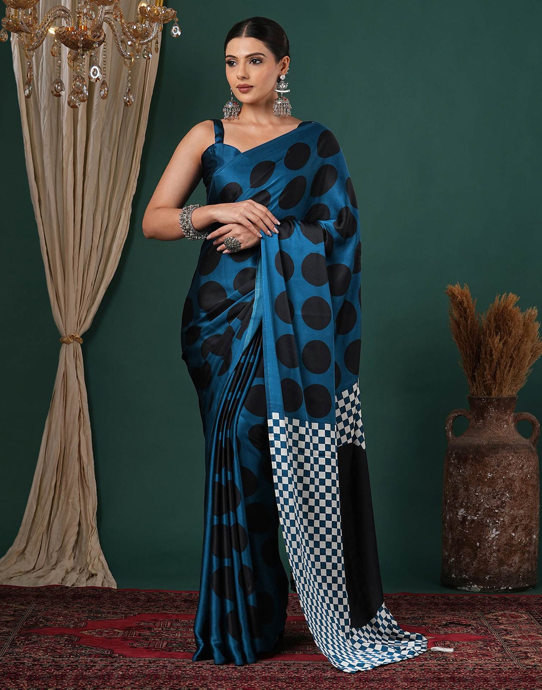 Rama Blue Satin Printed Saree