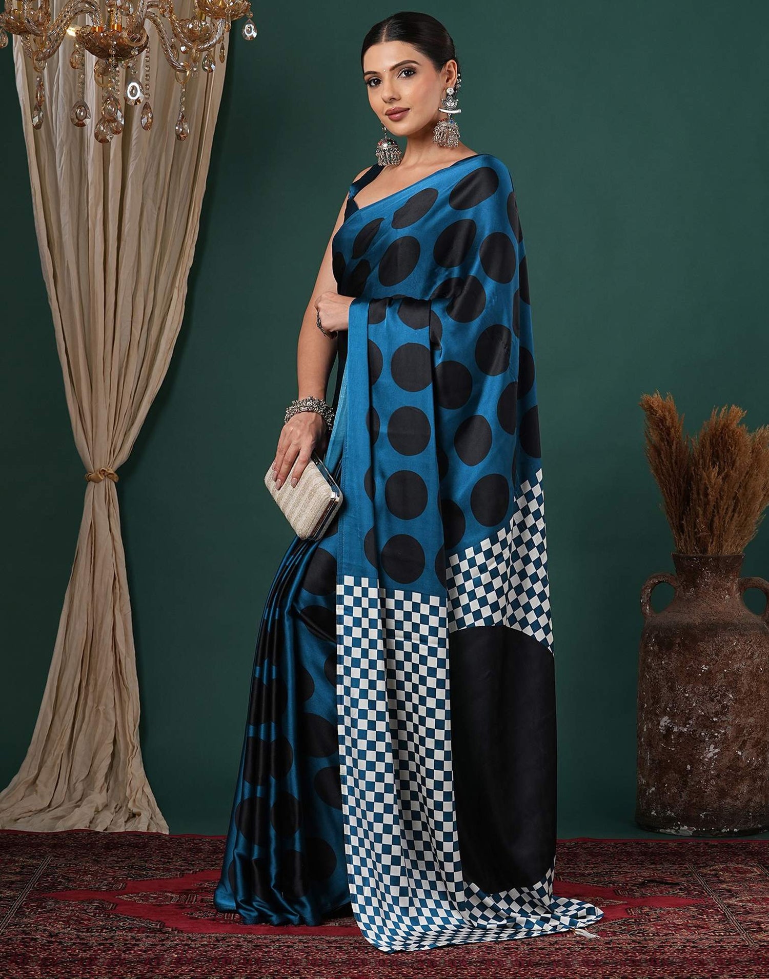 Rama Blue Satin Printed Saree