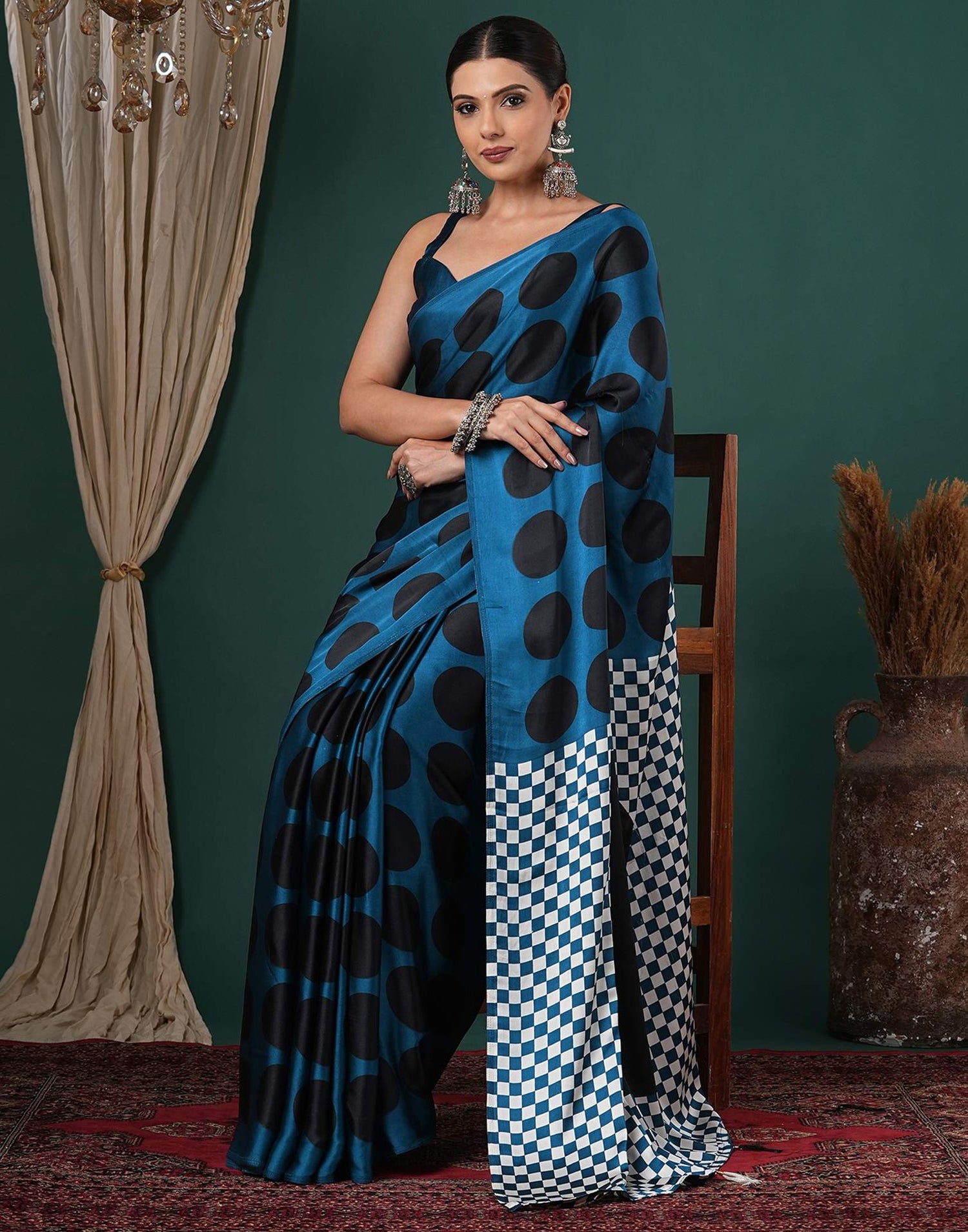 Rama Blue Satin Printed Saree