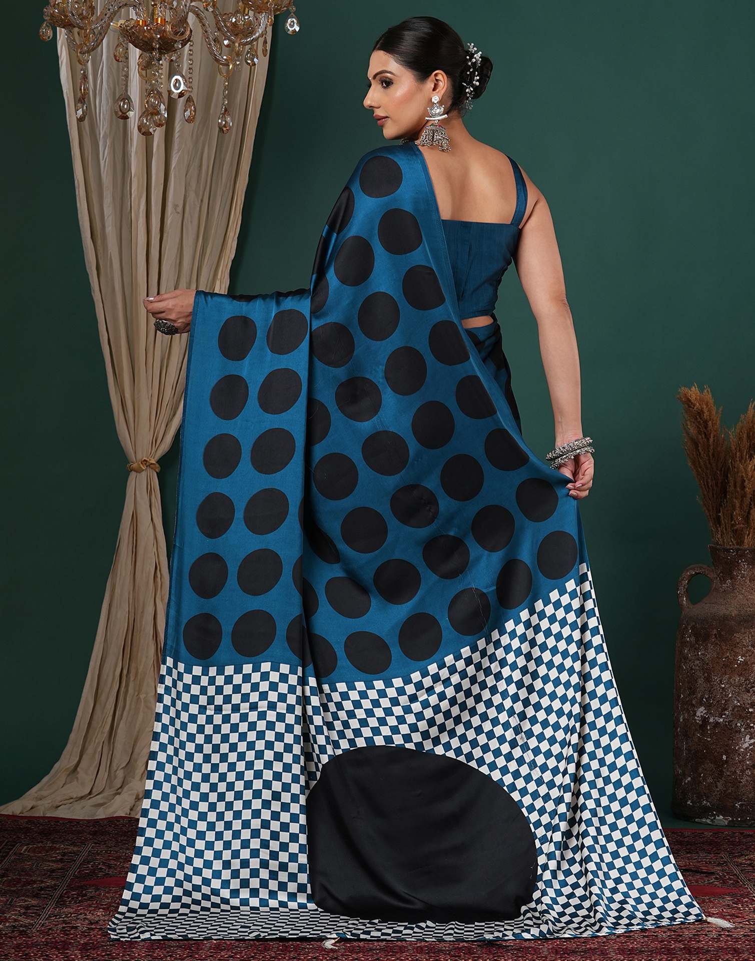 Rama Blue Satin Printed Saree