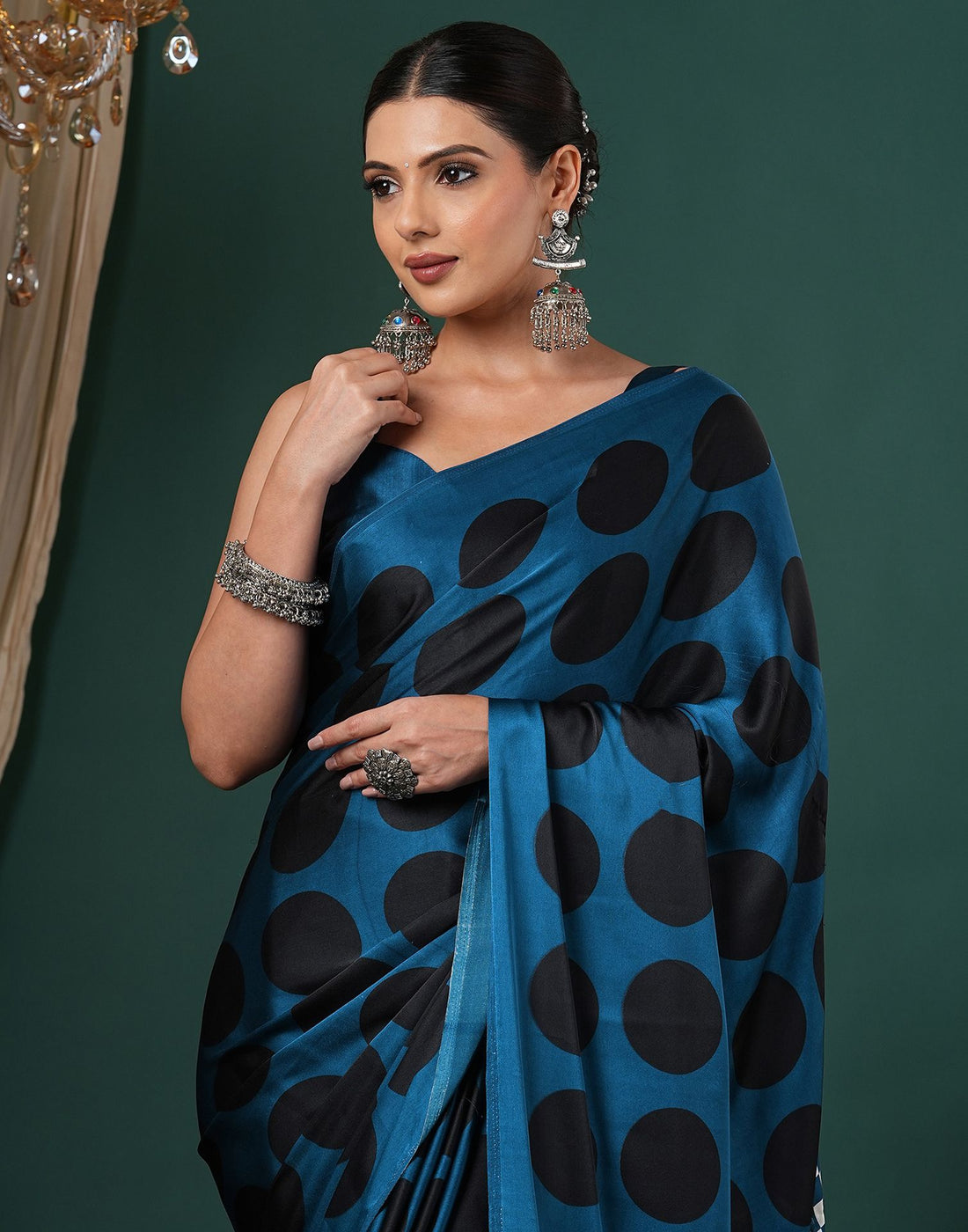Rama Blue Satin Printed Saree