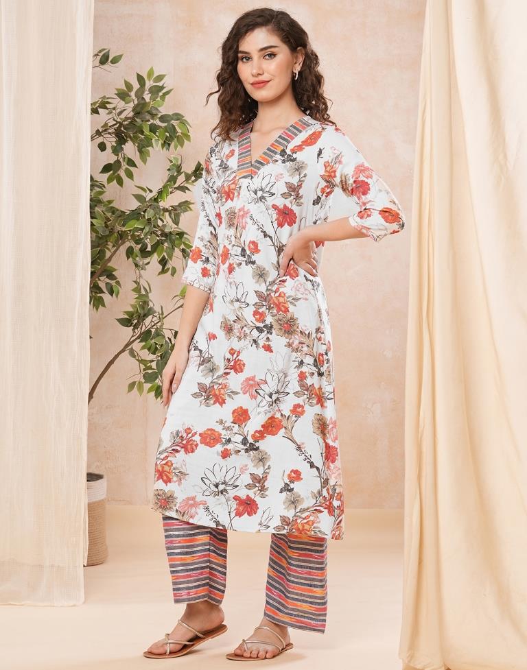 Off White Printed Cotton Straight Kurta Set