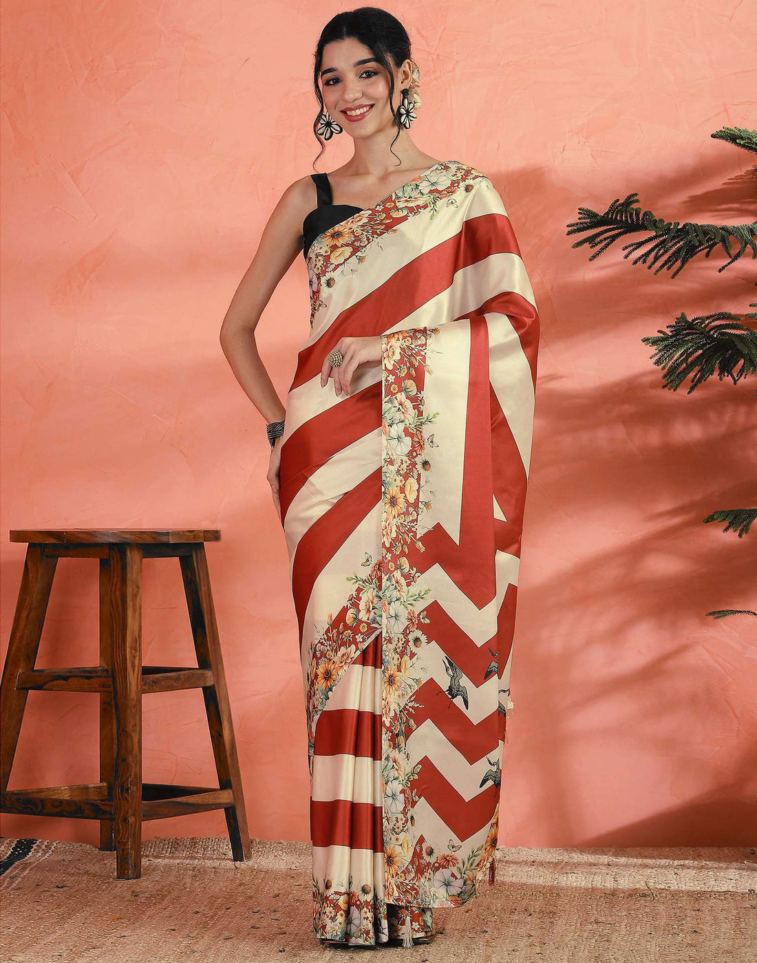 Cream Satin Printed Saree