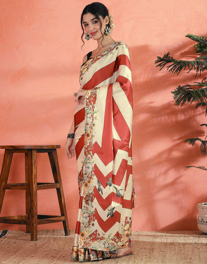 Cream Satin Printed Saree