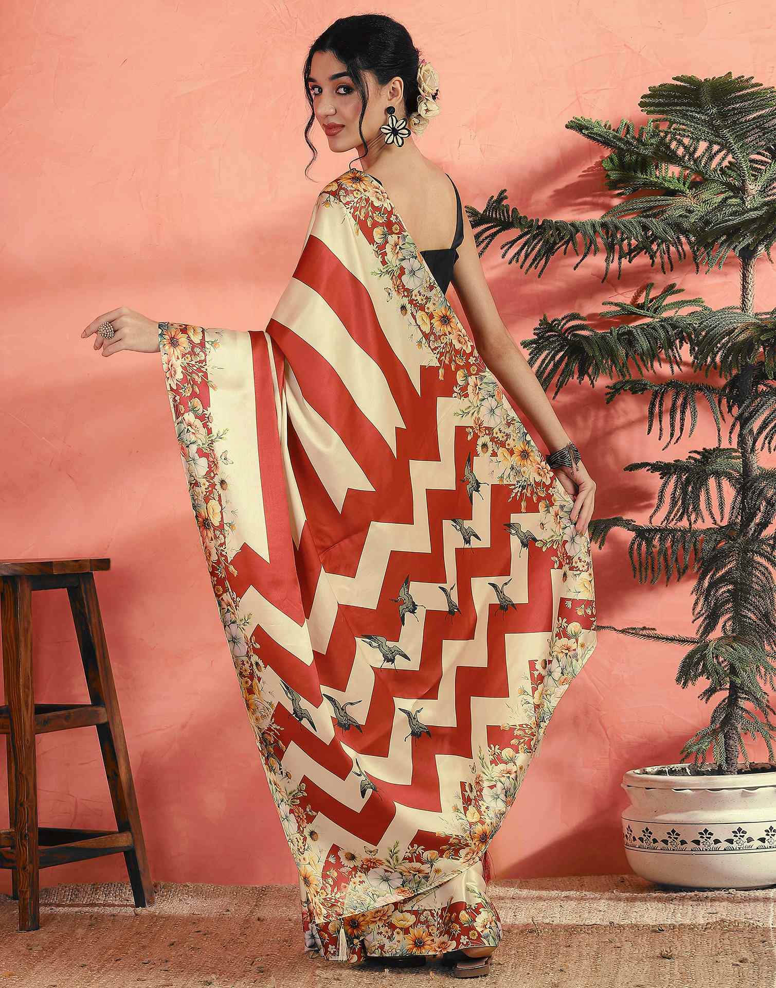 Cream Satin Printed Saree
