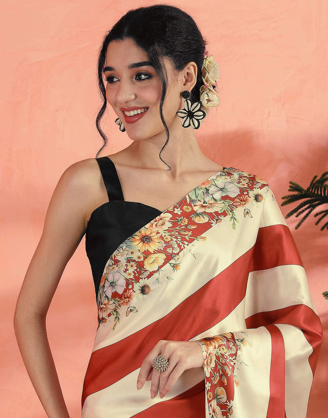 Cream Satin Printed Saree