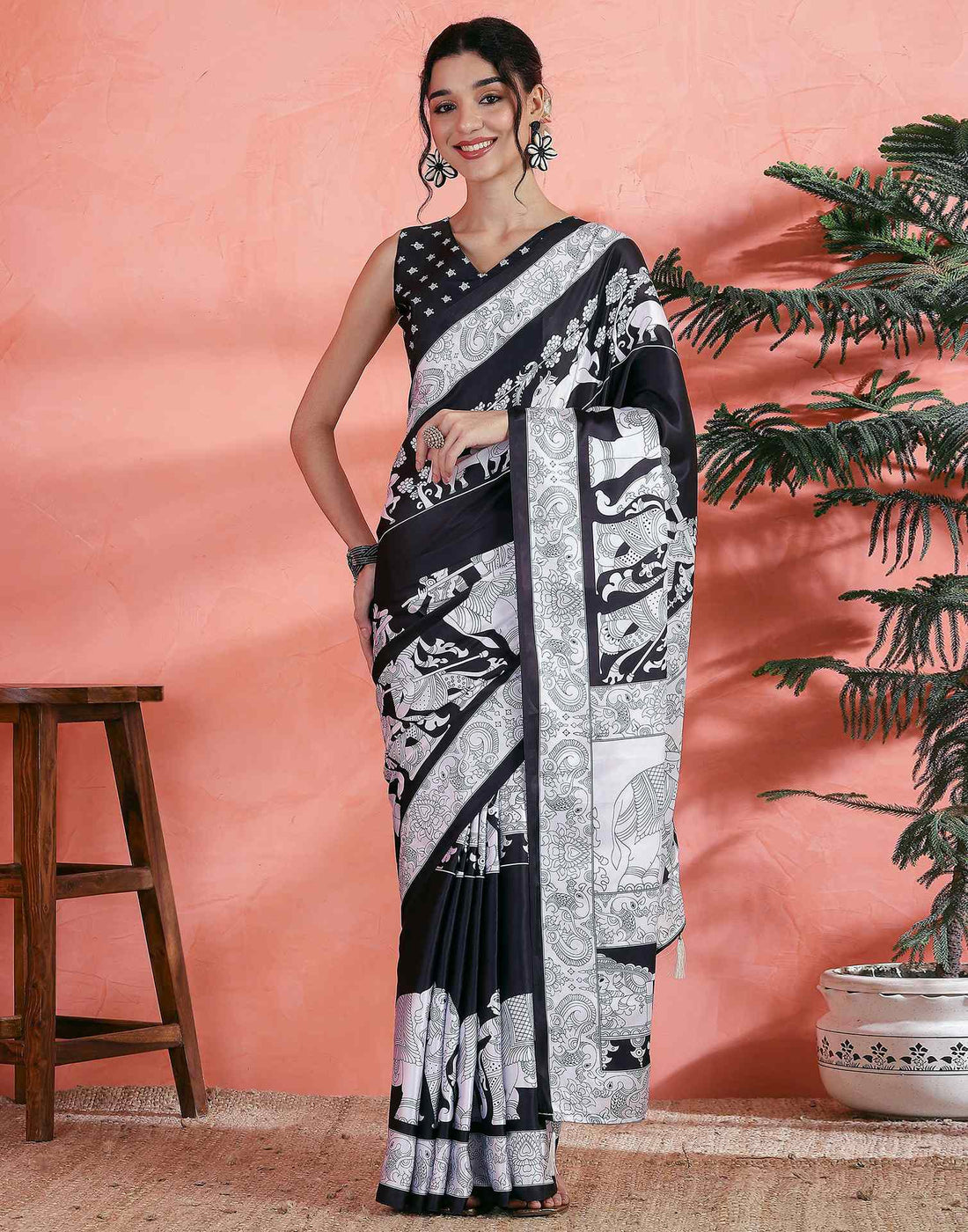 Black Satin Printed Saree