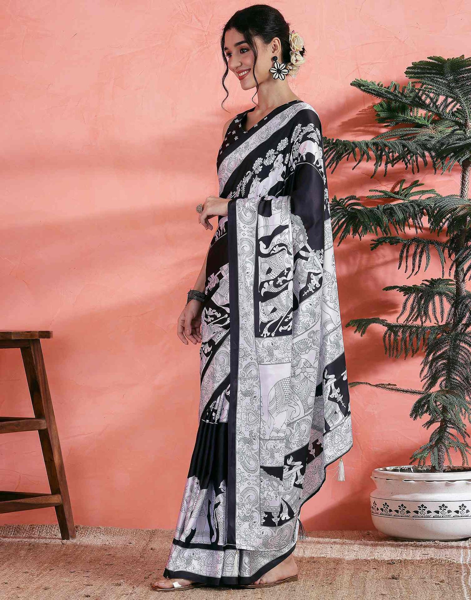 Black Satin Printed Saree