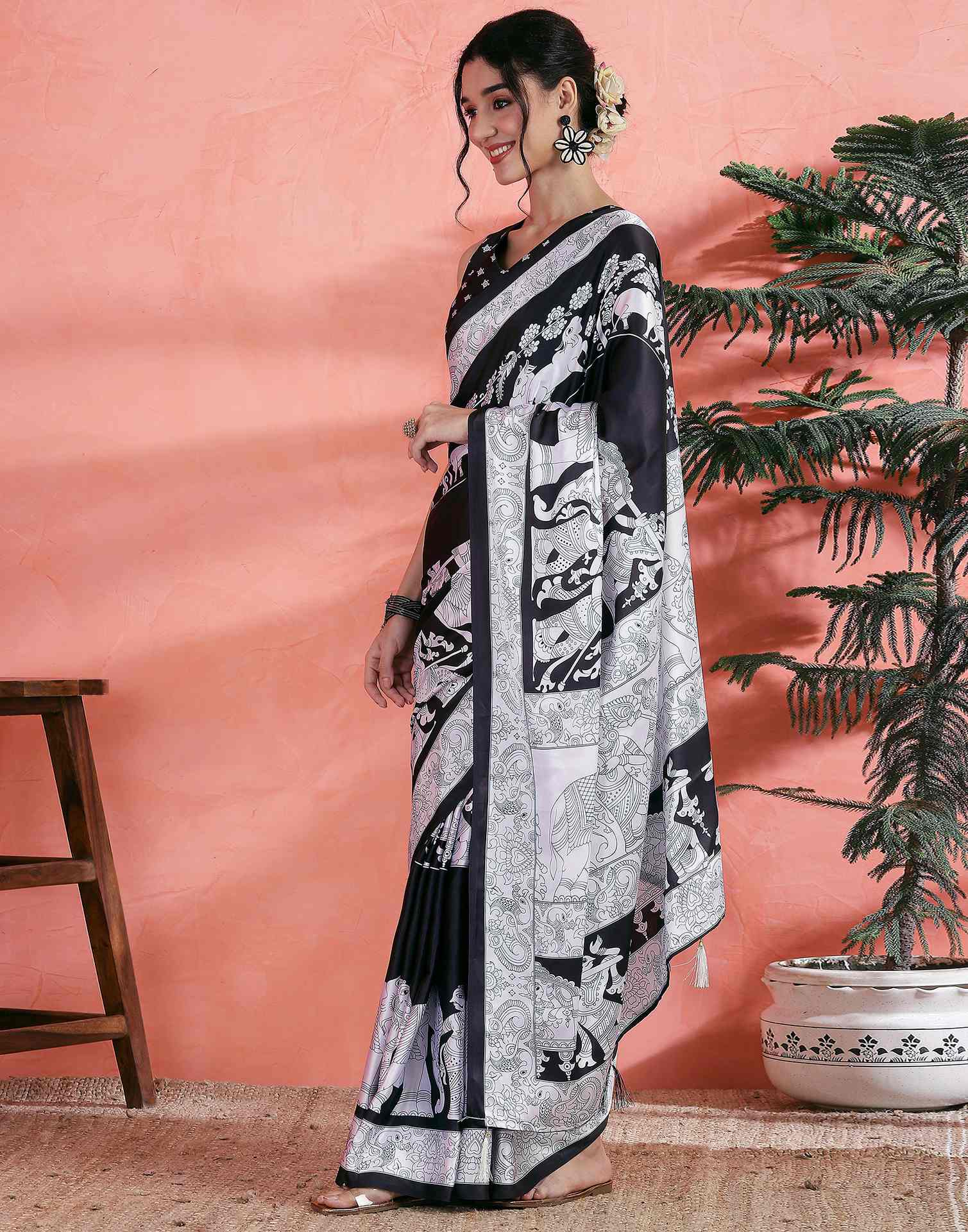 Black Satin Printed Saree