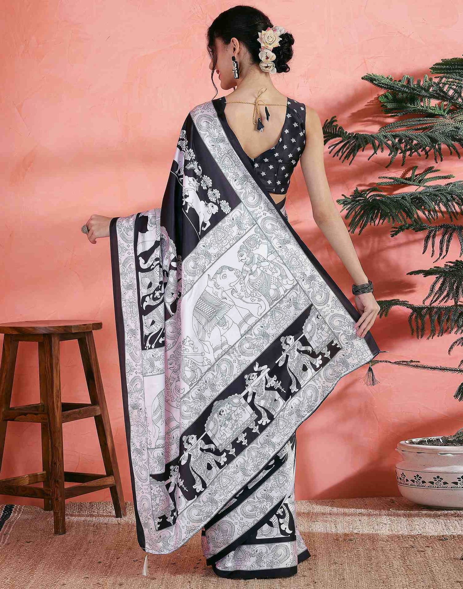 Black Satin Printed Saree