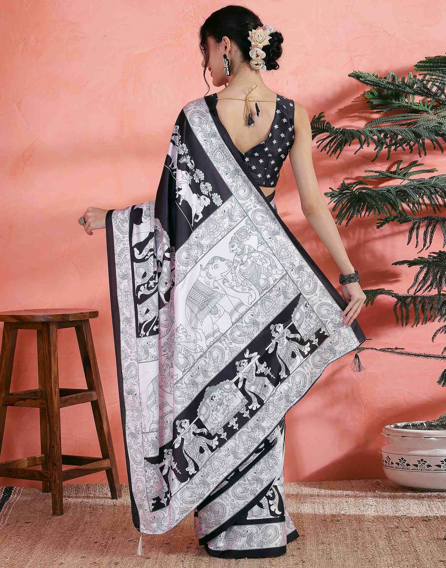 Black Satin Printed Saree