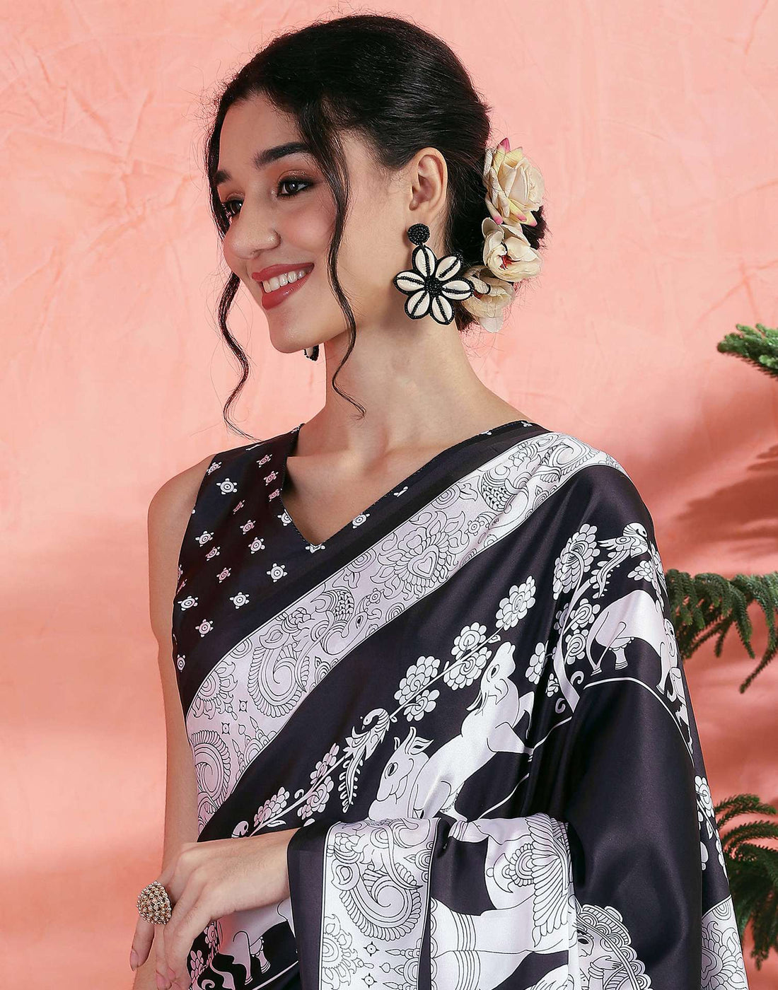 Black Satin Printed Saree
