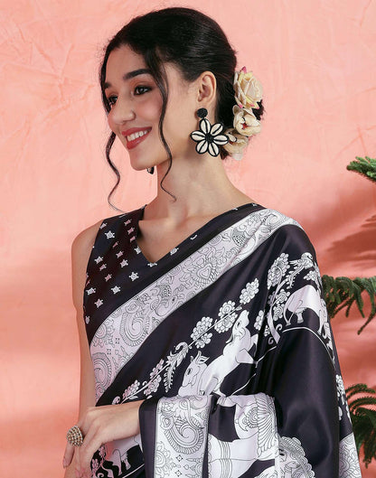 Black Satin Printed Saree