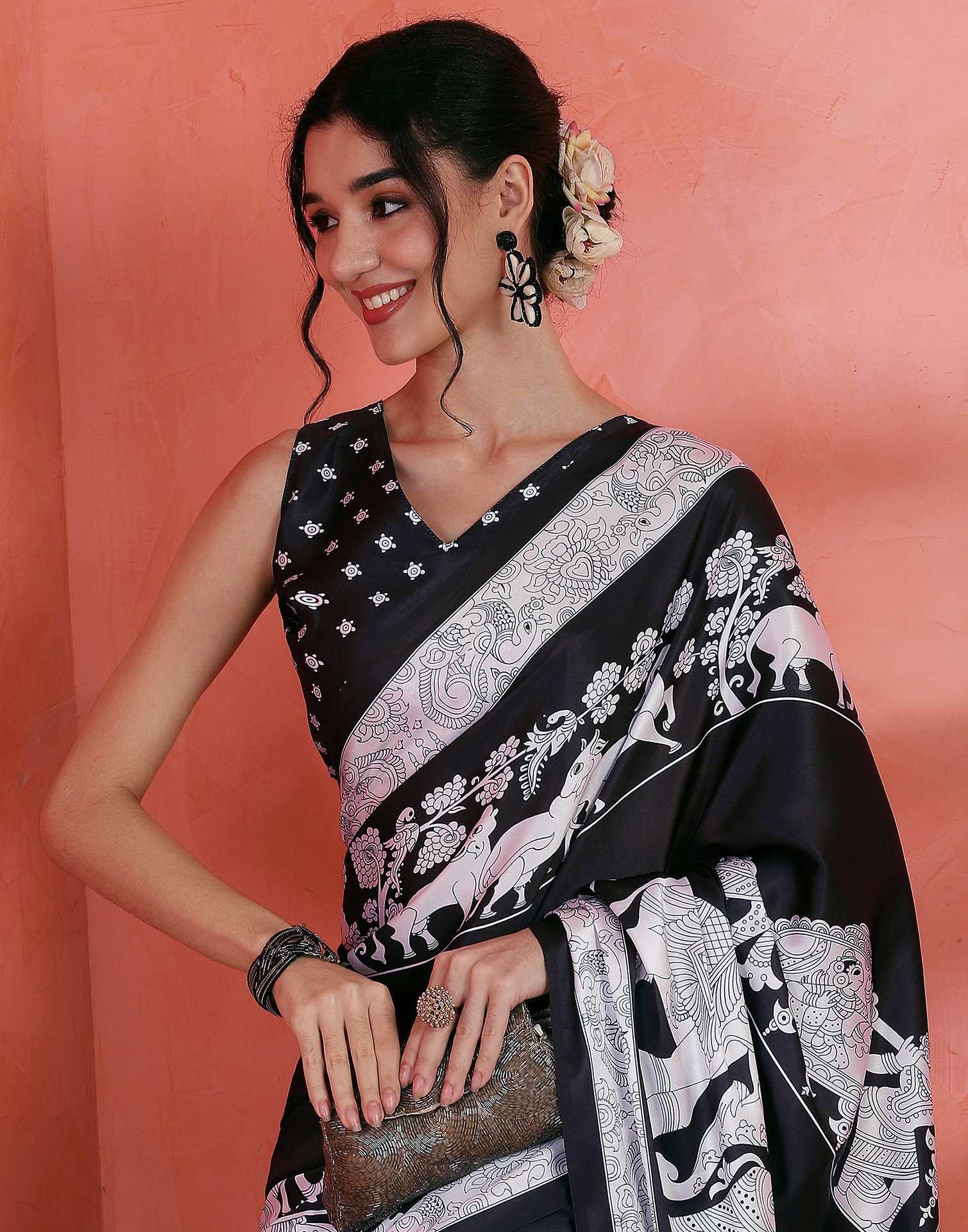Black Satin Printed Saree