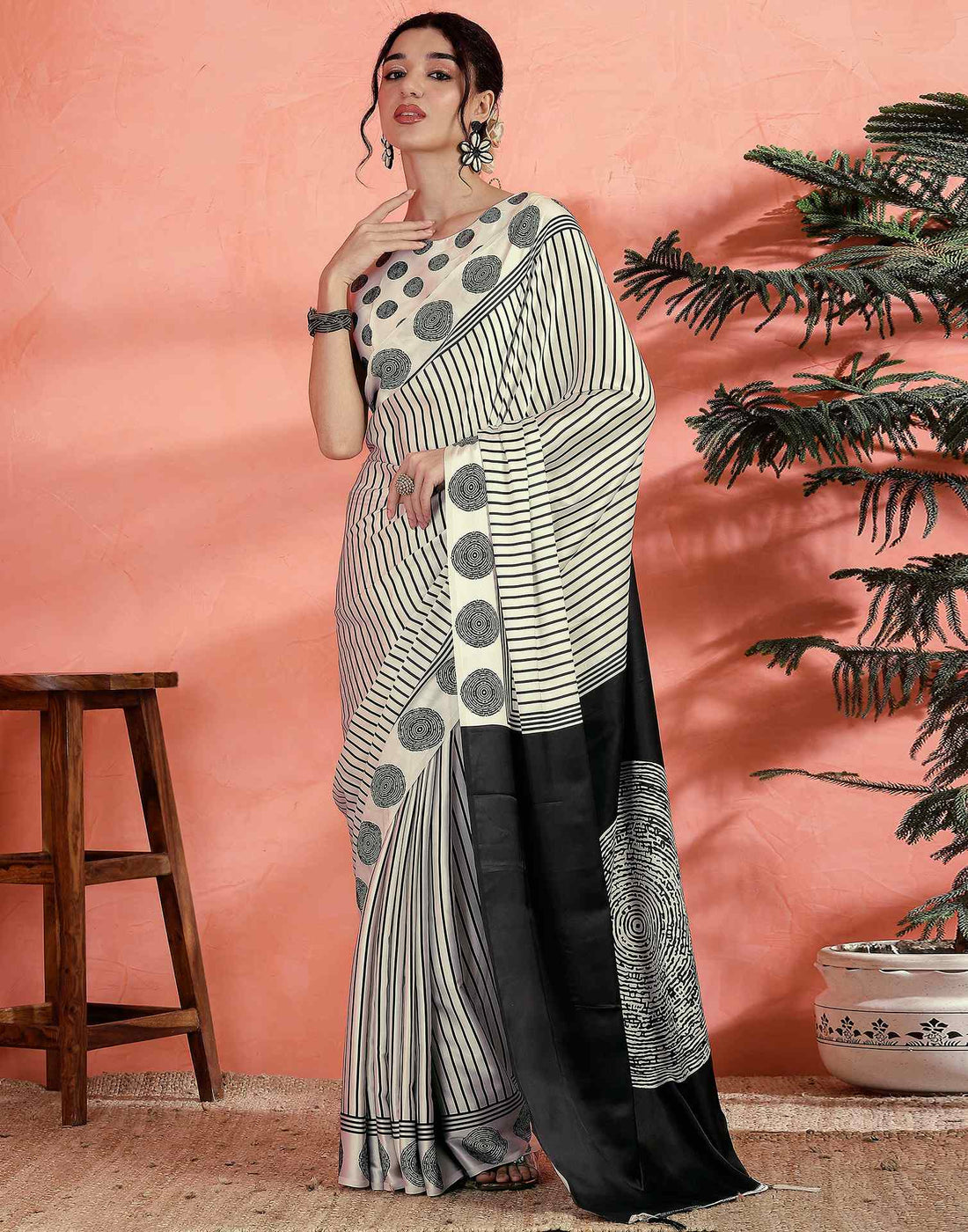 Off White Satin Printed Saree