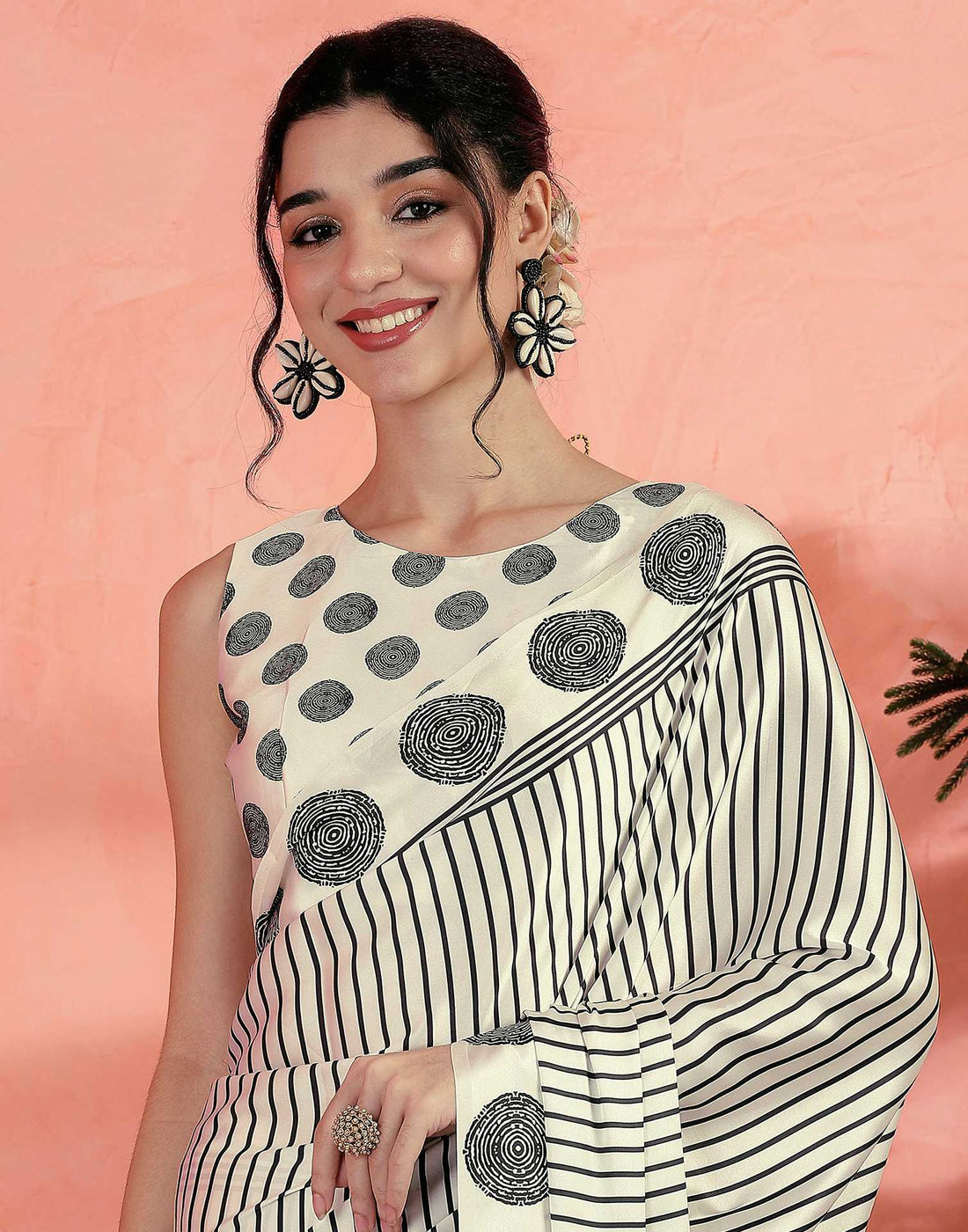 Off White Satin Printed Saree