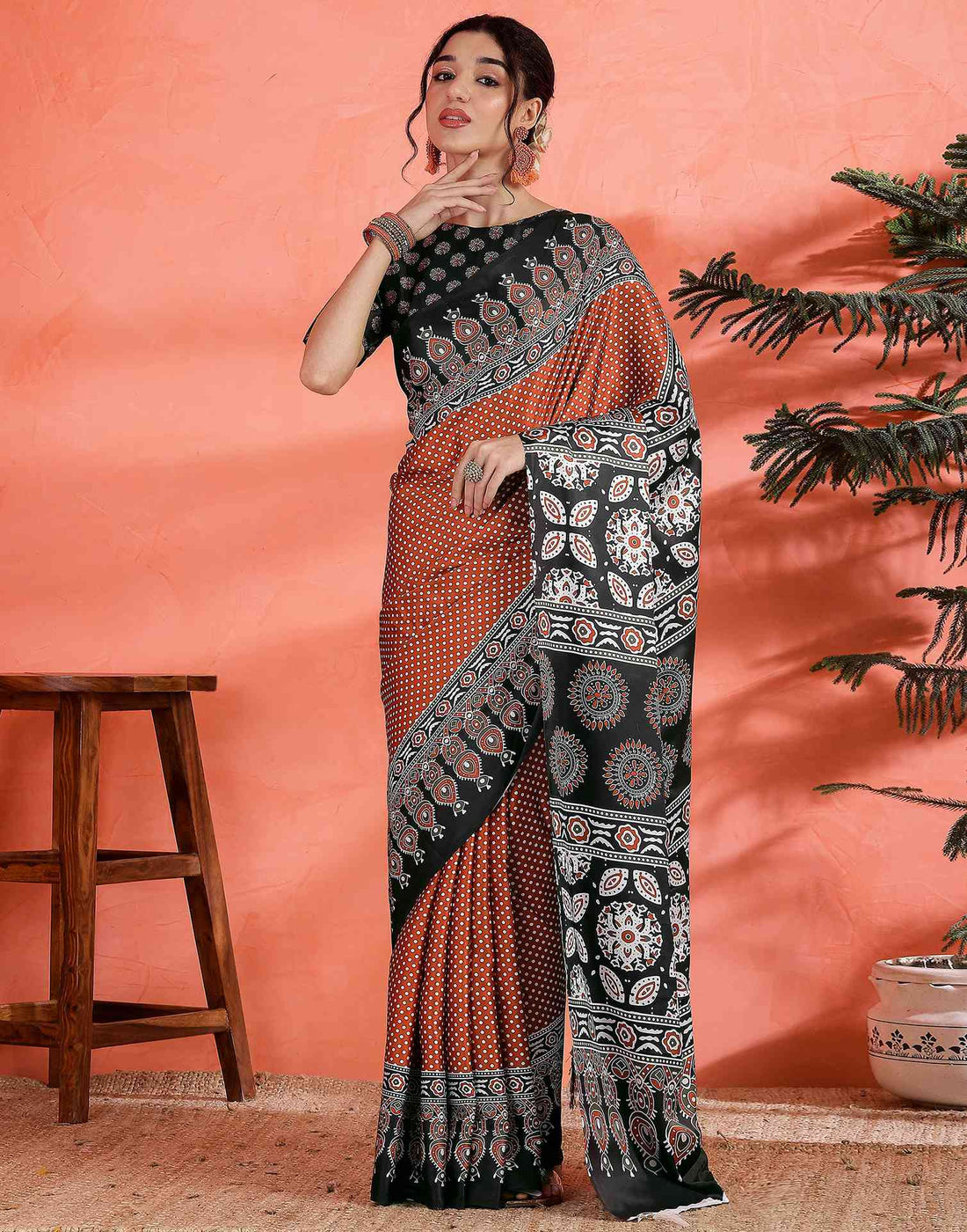 Brown Satin Printed Saree
