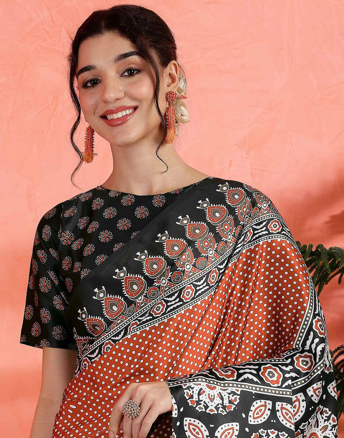 Brown Satin Printed Saree