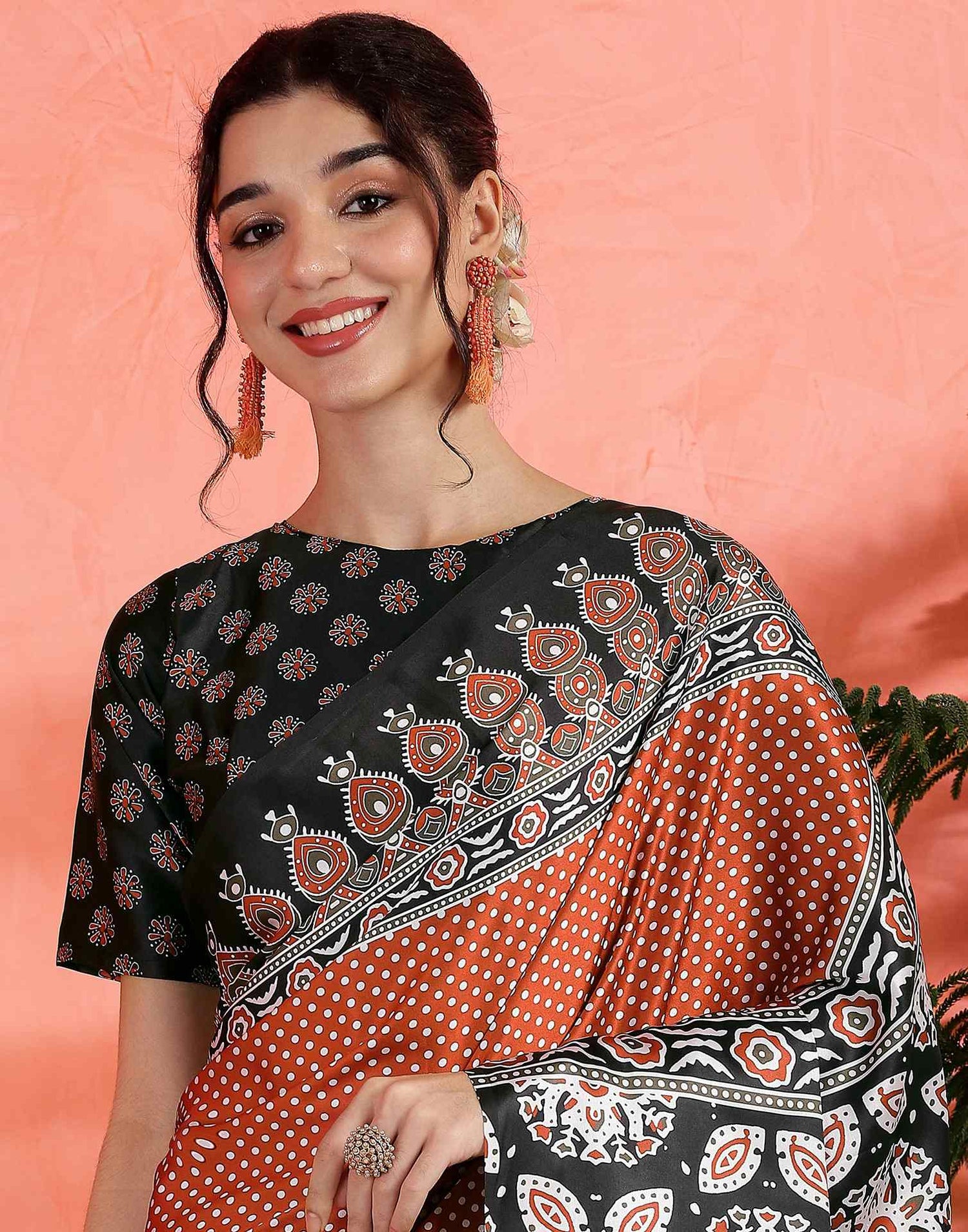 Brown Satin Printed Saree