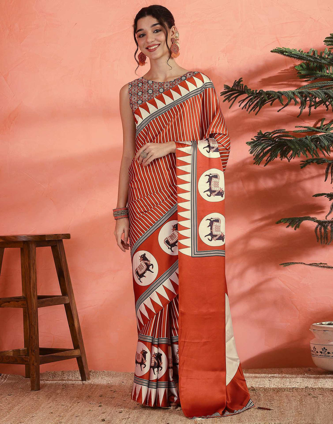 Orange Satin Printed Saree