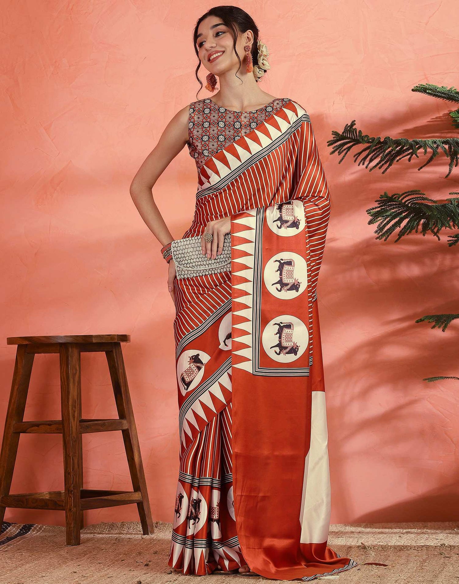 Orange Satin Printed Saree
